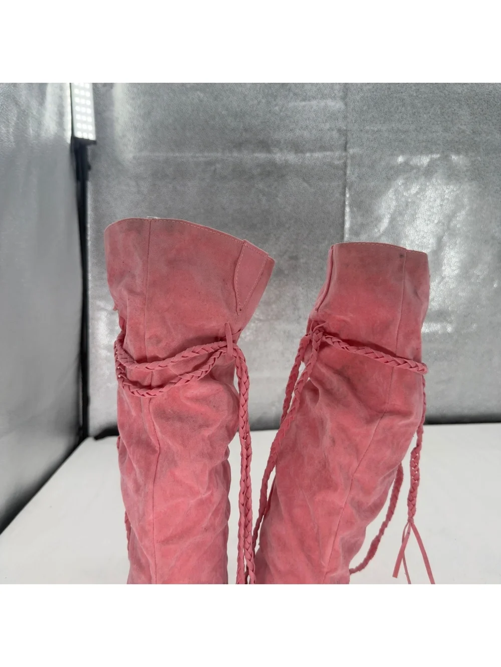 Pink Suede Slouchy Knee High Rubber Boots Y2K Braided Fringe Tassel Flat Boot